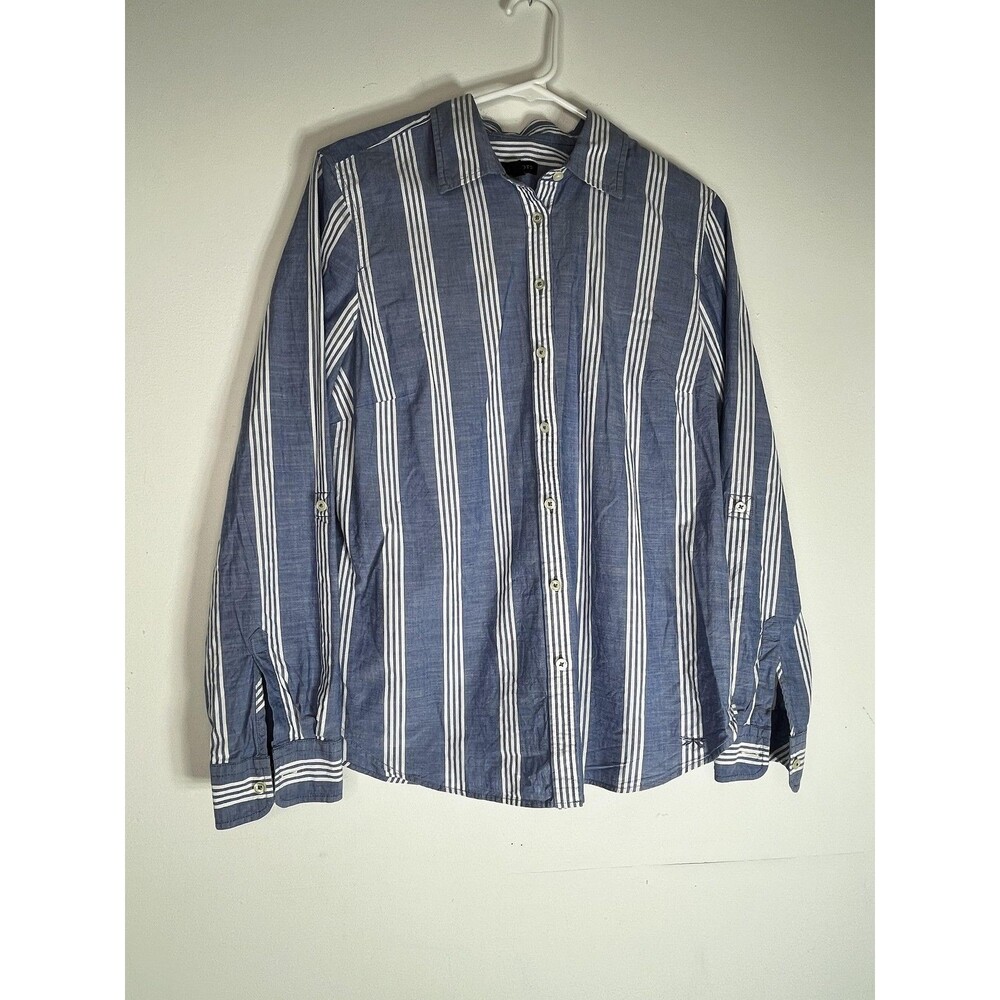Talbots womens l 10 striped button down blouse blue